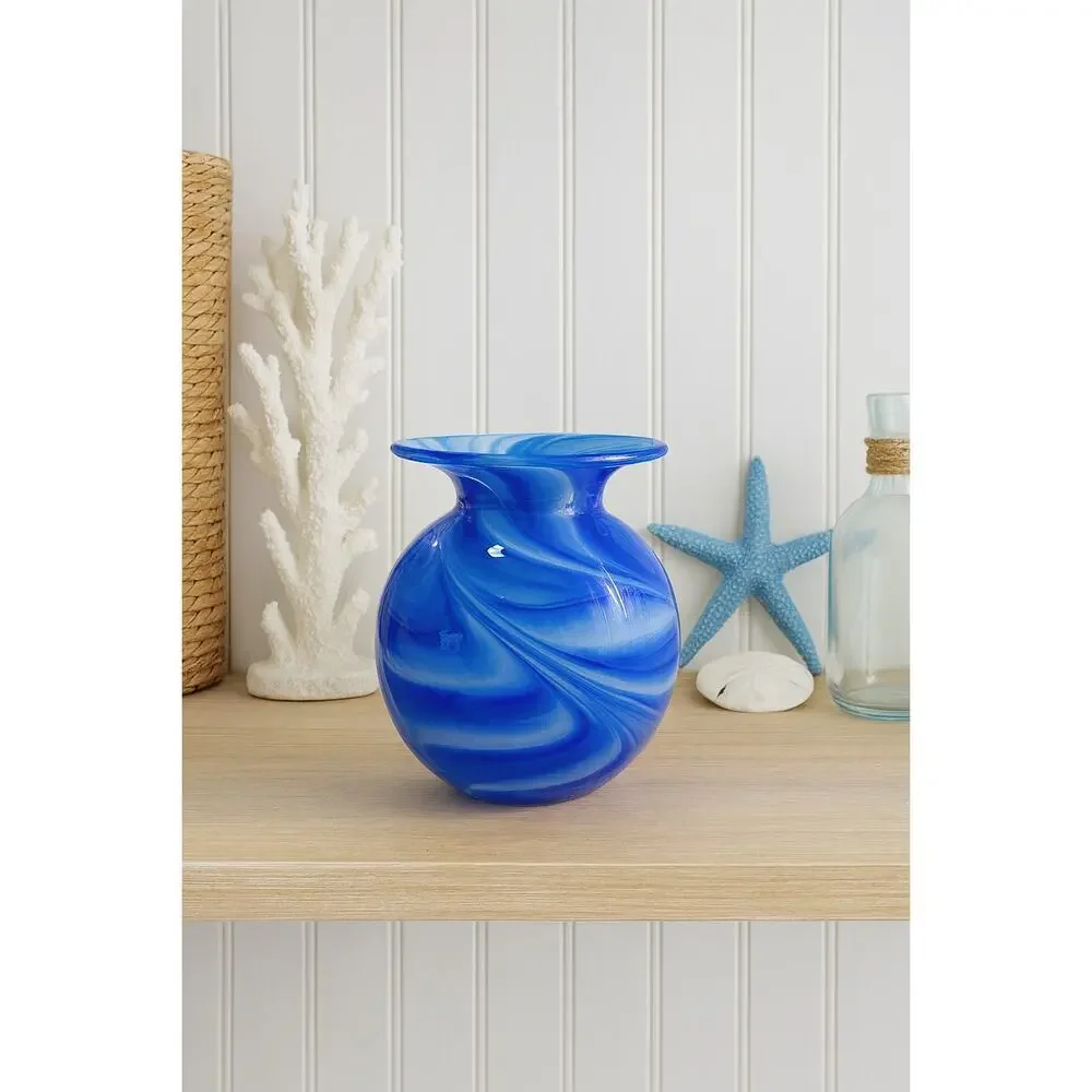 West Elm Handblown Swirl Glass Vase – Cobalt Blue & White – 6”